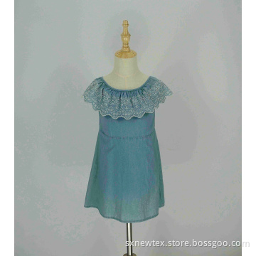 fashion denim off shoulder embroidery frill girls dress